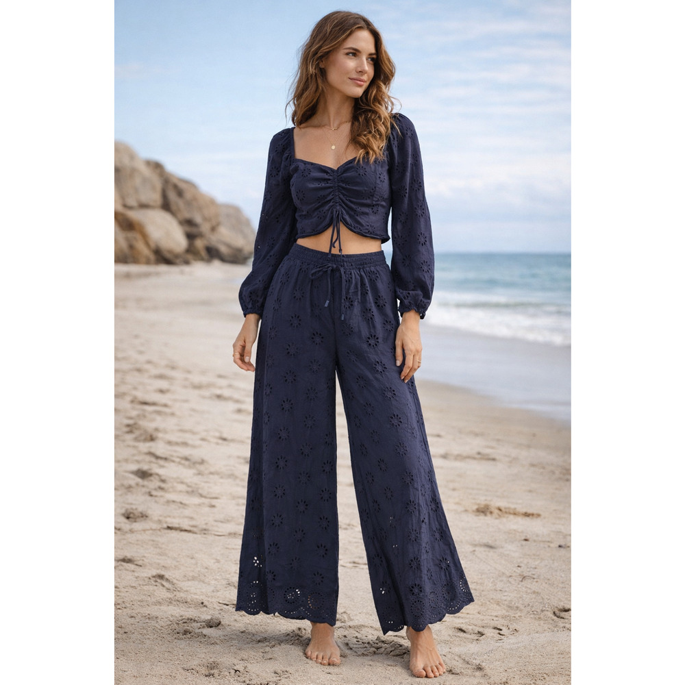 Listicle Navy Eyelet Wide-Leg Pants